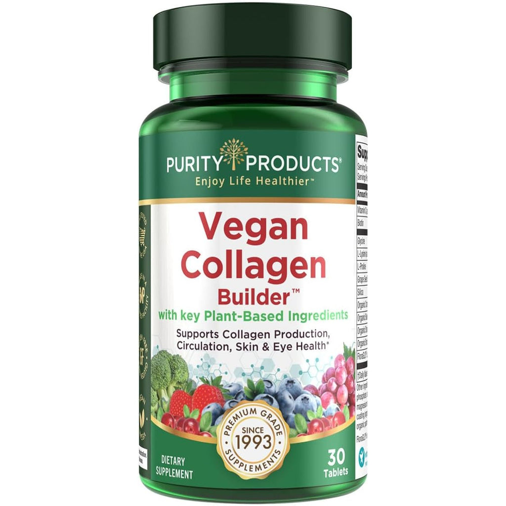 Vegan Collagen Builder - Organic Whole Foods Fruits + Veg, Silica, Lutein, Vitamin C, Biotin, Grape Seed - Amino Acids Glycine, Lysine + Proline Collagen Boosters (30 Servings, Tablets)
