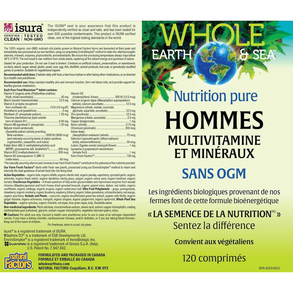 Natural Factors Whole Earth & Sea Men'S Multivitamin & Mineral - Daily Health Supplement for Men under 50 - Vegan, Non-Gmo & Gluten-Free - 120 Tablets (60 Servings)