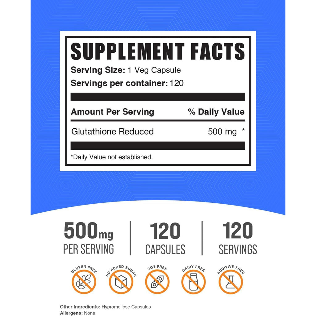 Bulksupplements.Com Glutathione Reduced Capsules - Glutathione Supplement - Gluten Free, 1 Capsule per Serving, 120 Capsules (Pack of 1)