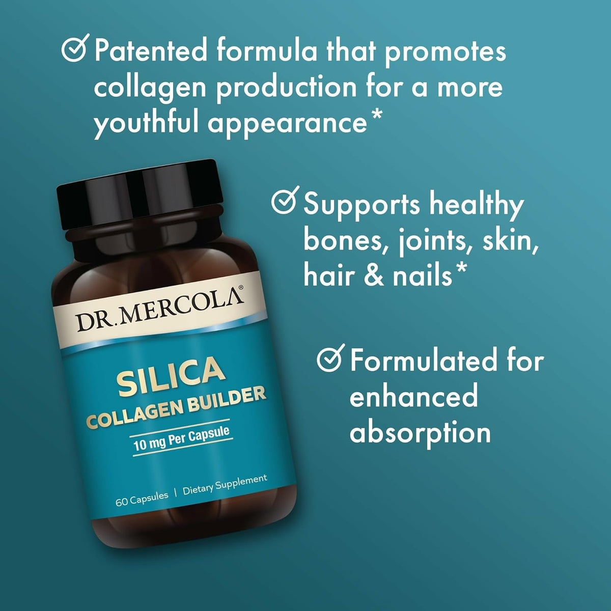 Dr. Mercola Silica Collagen Builder - Plant-Based Silica Supplement to Support Skin, Hair, Nail & Bone Health - Non-Gmo, Gluten-Free & Soy-Free - 60 Capsules (60 Servings)