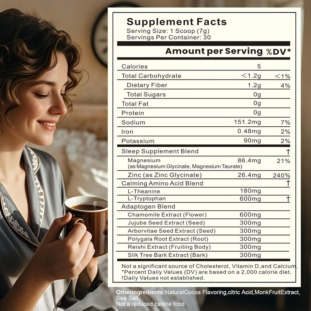 Magnesium Hot Cocoa – Melatonin-Free Natural Sleep Aid Hot Chocolate for Adults with Reishi Mushroom, L-Theanine & Zinc Glycinate – Relaxation & Restful Sleep Support Mushroom Coffee, 30 Servings