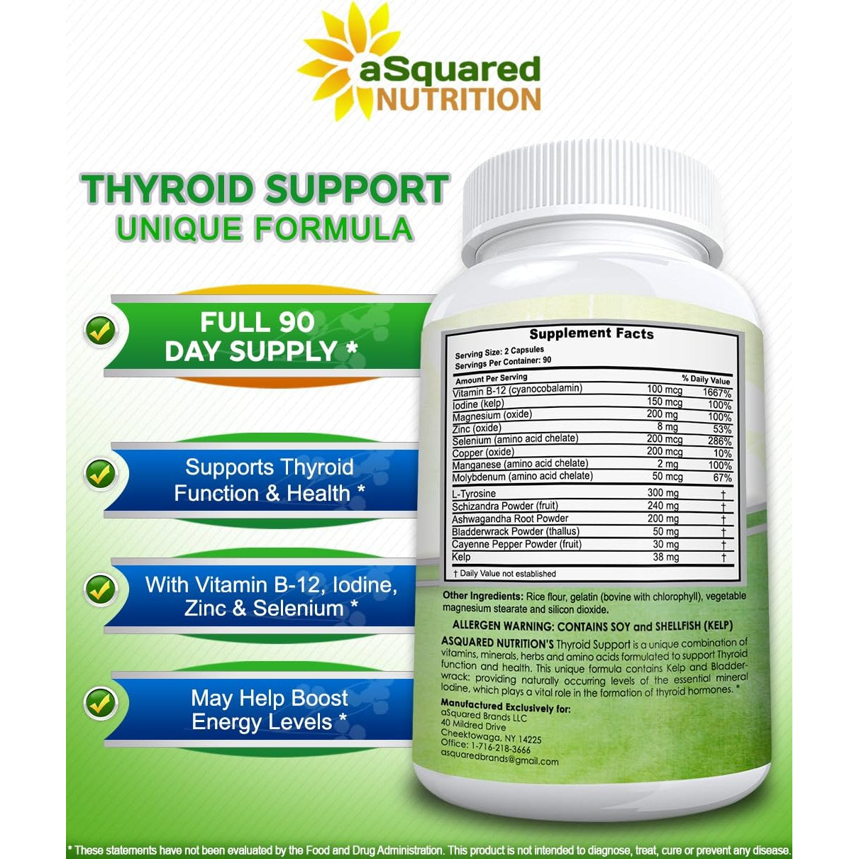 Asquared Nutrition Premium Thyroid Support Supplement with Iodine (180 Capsules) - Best Herbal & Vitamin Complex Pills W/ B12, Ashwagandha, Bladderwrack & Kelp - Helper for Healthy Hormone & Energy