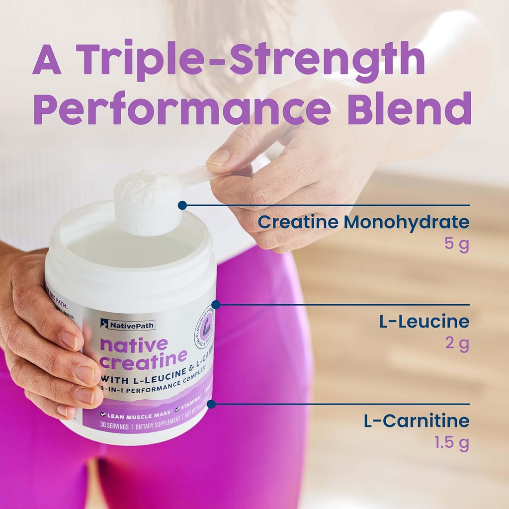 Nativepath Creatine Monohydrate Powder with L-Leucine & L-Carnitine - Supports Muscle Health for Men & Women - 30 Servings