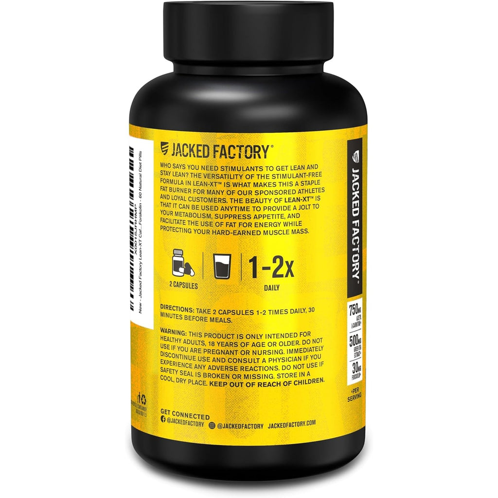 Jacked Factory Lean-Xt Caffeine Free Fat Burner - Non Stim Weight Loss Supplement, Appetite Suppressant & Metabolism Booster | Acetyl L-Carnitine, Green Tea Extract, Forskolin - 60 Natural Diet Pills