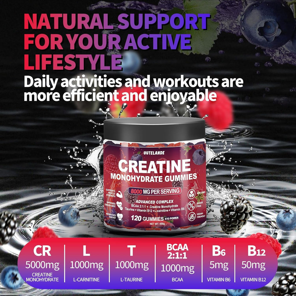 Creatine Monohydrate Gummies for Men & Women, Creatine Supplement for Enhanced Muscle Growth, Energy Boost - with L-Taurine, Sugar Free, Vegan, Raspberry Blackberry Blueberry Flavor-120 Count