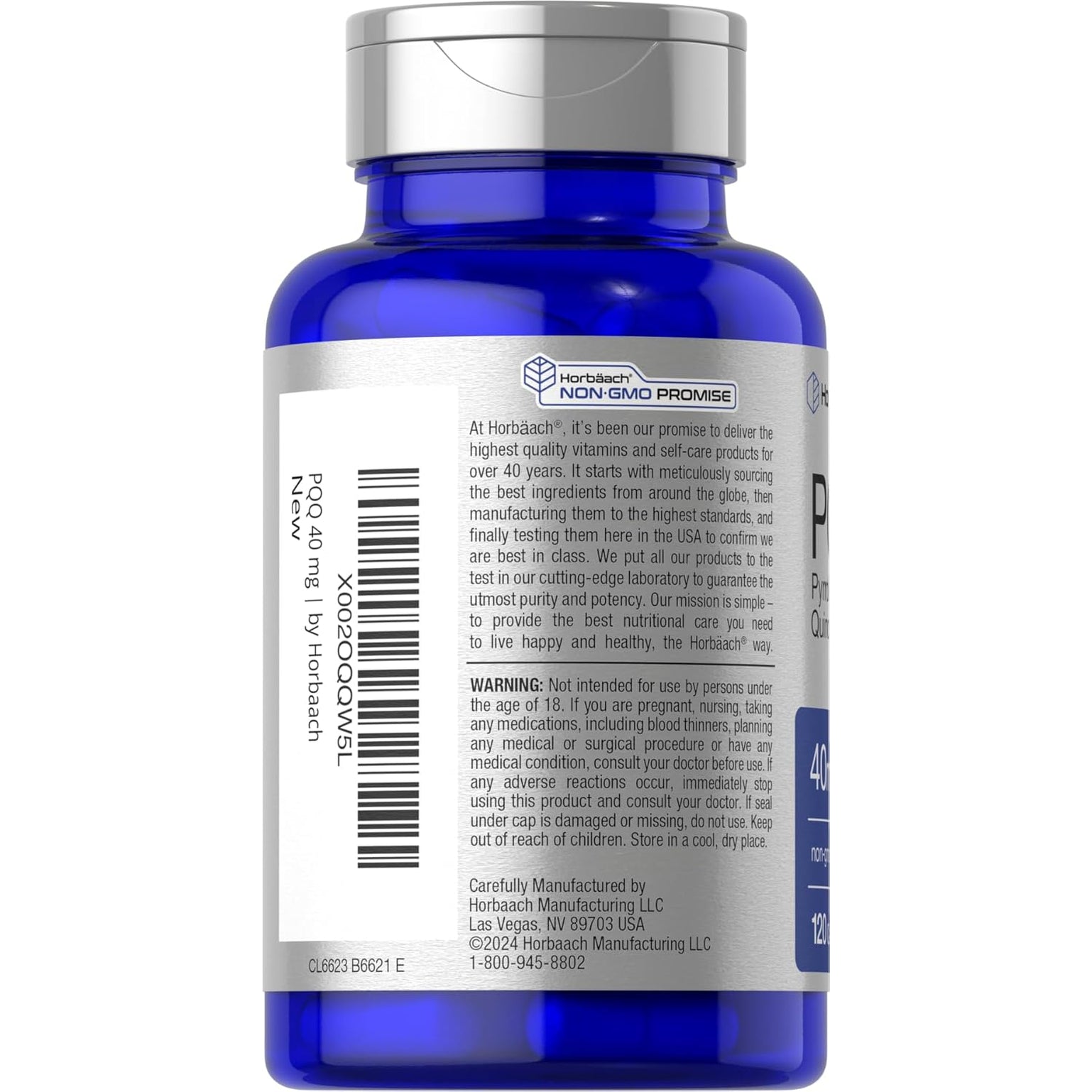 Horbäach PQQ Supplement 40 Mg | 120 Capsules | Maximum Strength | Non-Gmo and Gluten Free Supplement | Pyrroloquinoline Quinone Disodium Salt