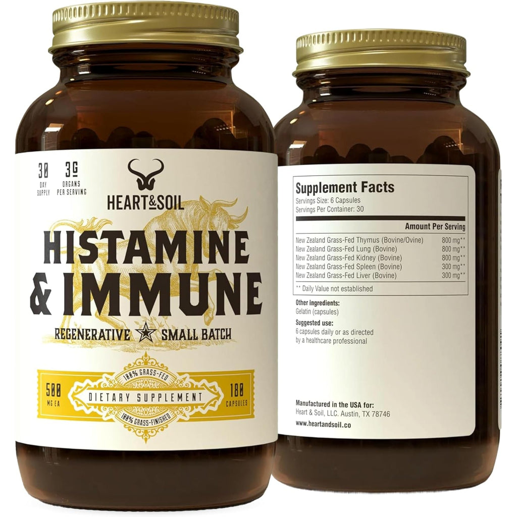 HEART & SOIL – 100% Grass Fed & Finished Histamine & Immune Support Supplement from Regenerative Cattle with Thymus, Lung, Spleen, Liver, & Kidney – Immune Defense – Glass Bottle – 180 Capsules