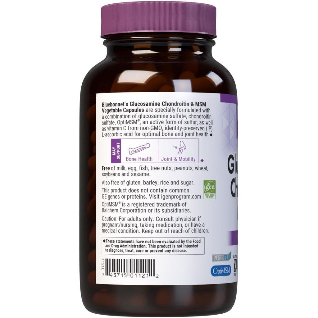 Bluebonnet Nutrition Glucosamine Chondroitin plus MSM, Glucosamine, Chondroitin Sulfate, Vitamin C & Optimsm, Bone & Joint Health, Non GMO, Gluten Free, Soy Free, Milk Free, 180 Vegetable Capsules