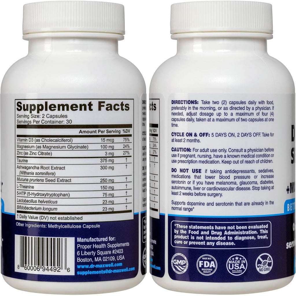 Dr. Maxwell Serotonin and Dopamine Supplements with Mood Probiotic, 5In1 Support for (1) Dopamine (2) Serotonin (3) Mood (4) Relaxation (5) Focus & Brain, 60 Capsules