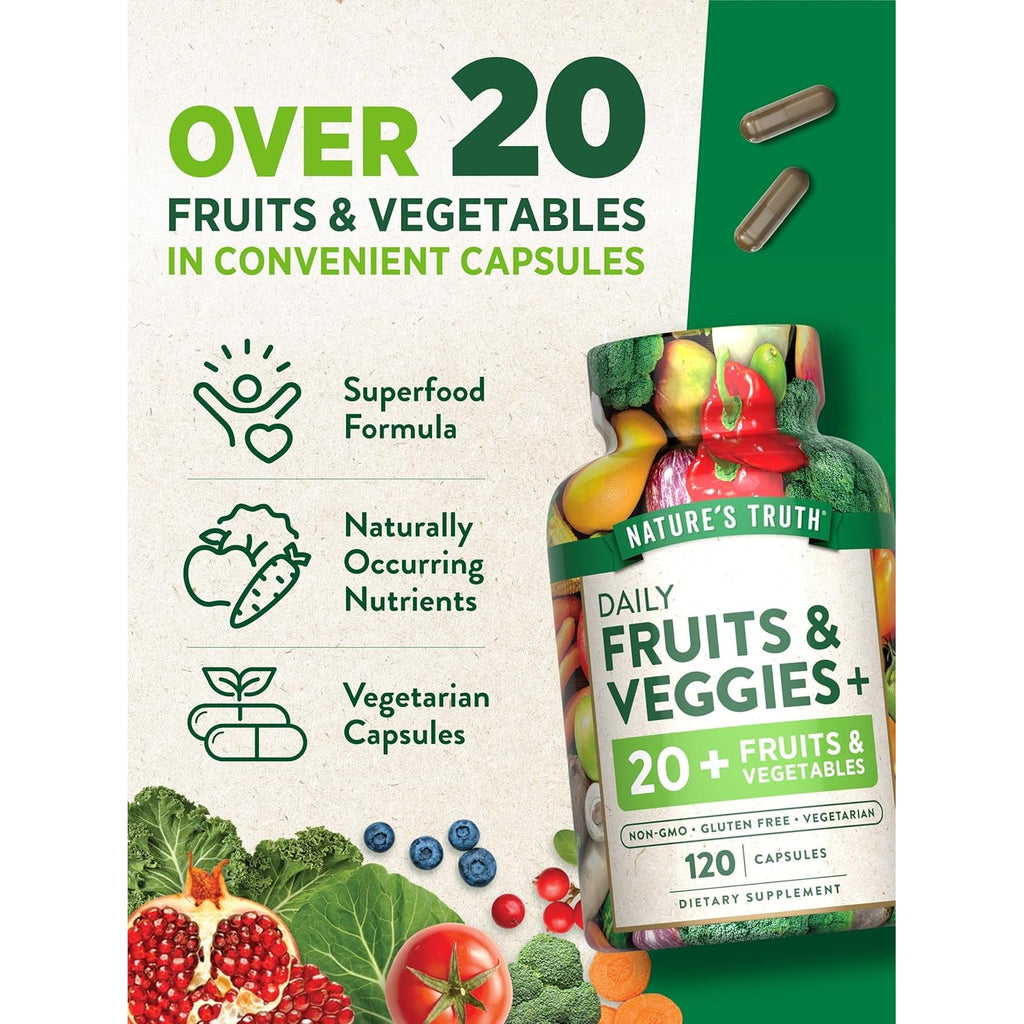 Nature'S Truth Fruit and Veggies Supplement | 120 Vegetarian Capsules | 20+ Fruits & Vegetables | Vegetarian, Non-Gmo, and Gluten Free Supplement