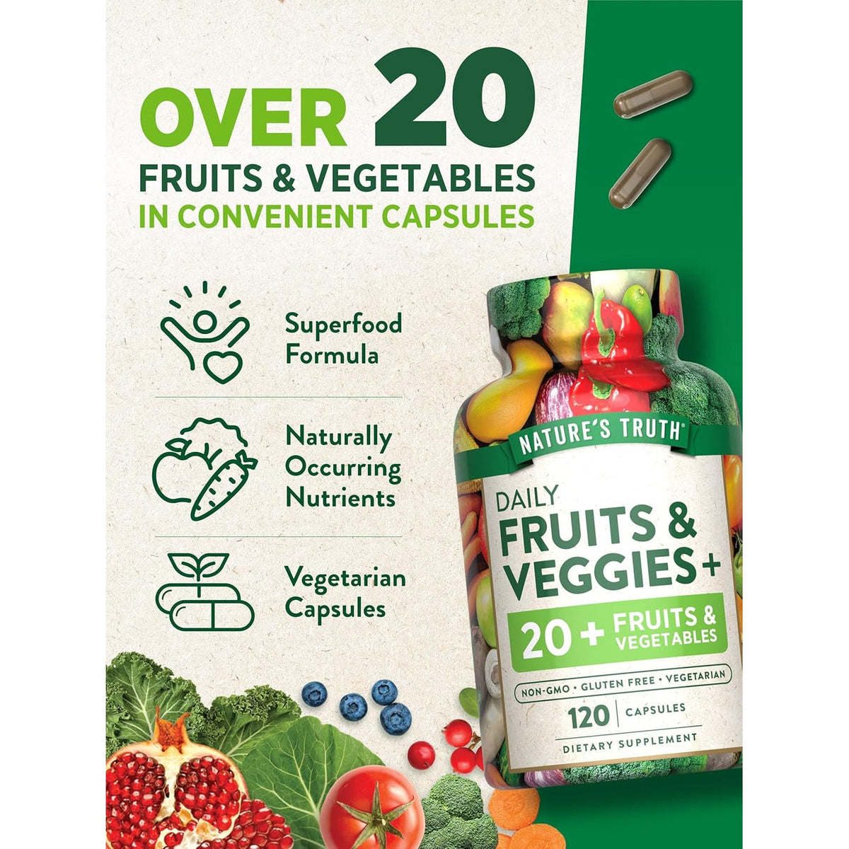 Nature'S Truth Fruit and Veggies Supplement | 120 Vegetarian Capsules | 20+ Fruits & Vegetables | Vegetarian, Non-Gmo, and Gluten Free Supplement