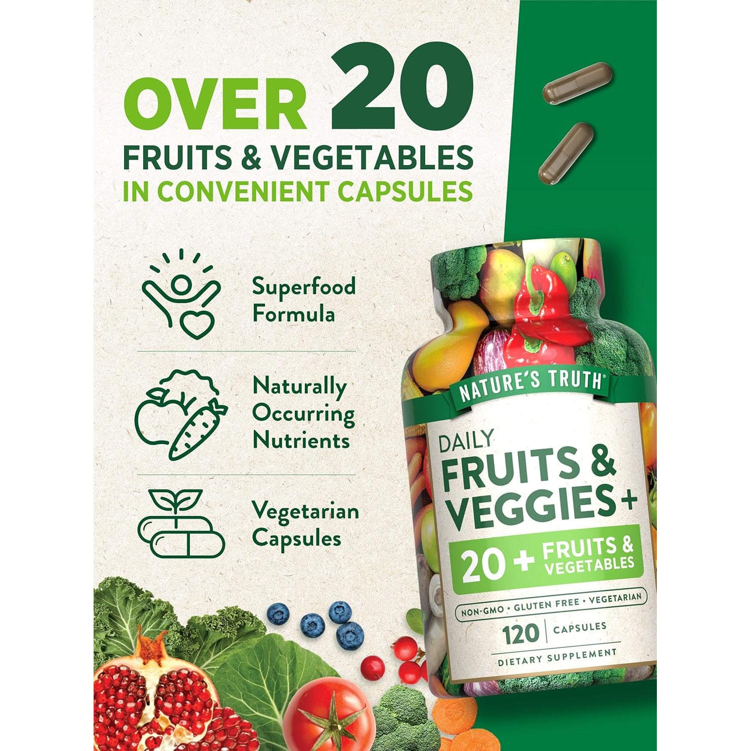 Nature'S Truth Fruit and Veggies Supplement | 120 Vegetarian Capsules | 20+ Fruits & Vegetables | Vegetarian, Non-Gmo, and Gluten Free Supplement