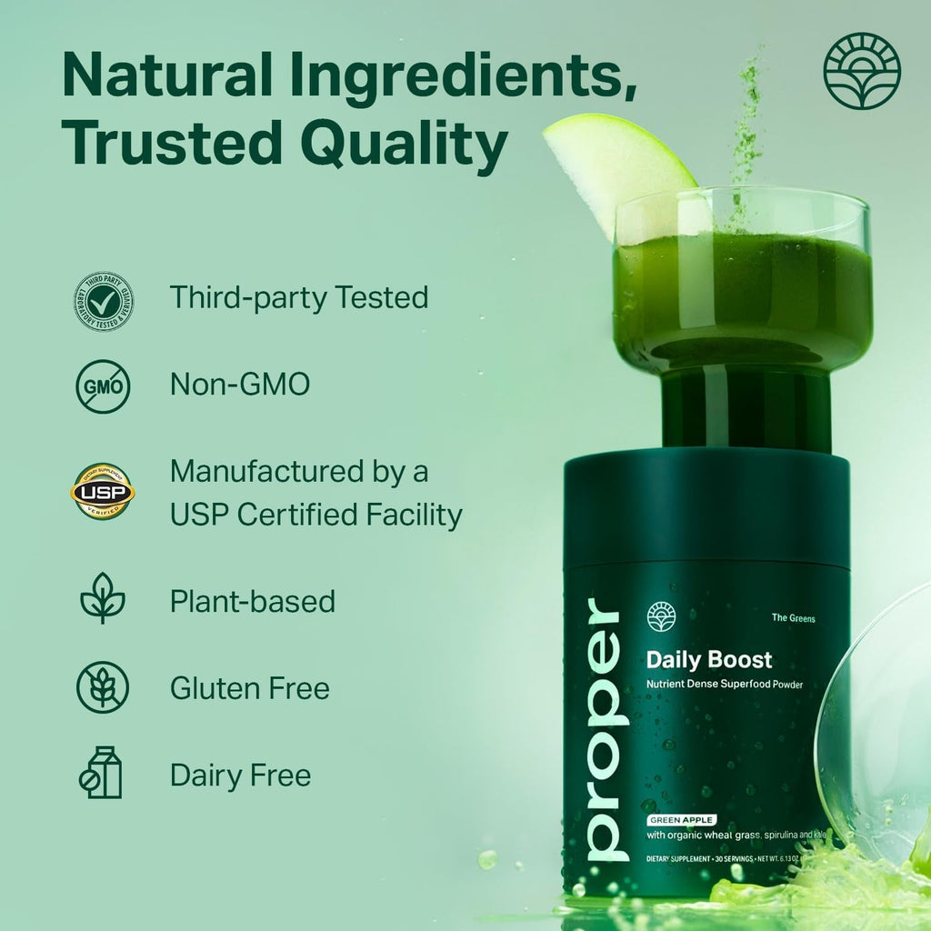 Proper, the Greens Daily Boost Organic Greens Powder. Whole Food, Apple Flavour Veggie Powder Superfood with Wheatgrass, Spirulina, Chlorella, Probiotics. Daily Drink Mix for Wellness and Digestion