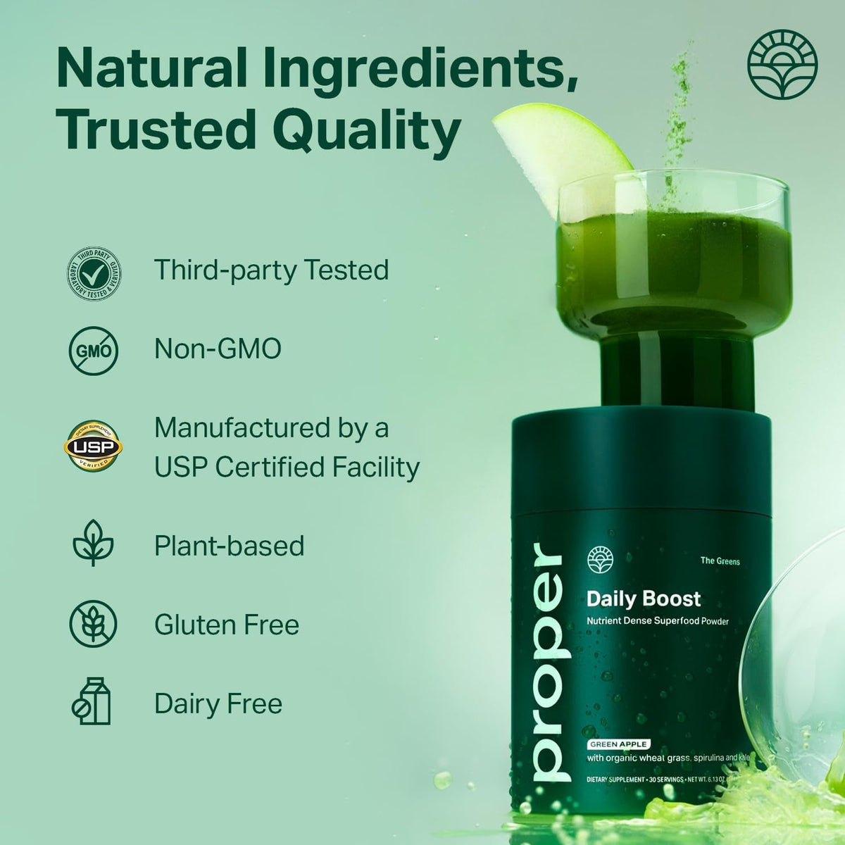 Proper, the Greens Daily Boost Organic Greens Powder. Whole Food, Apple Flavour Veggie Powder Superfood with Wheatgrass, Spirulina, Chlorella, Probiotics. Daily Drink Mix for Wellness and Digestion