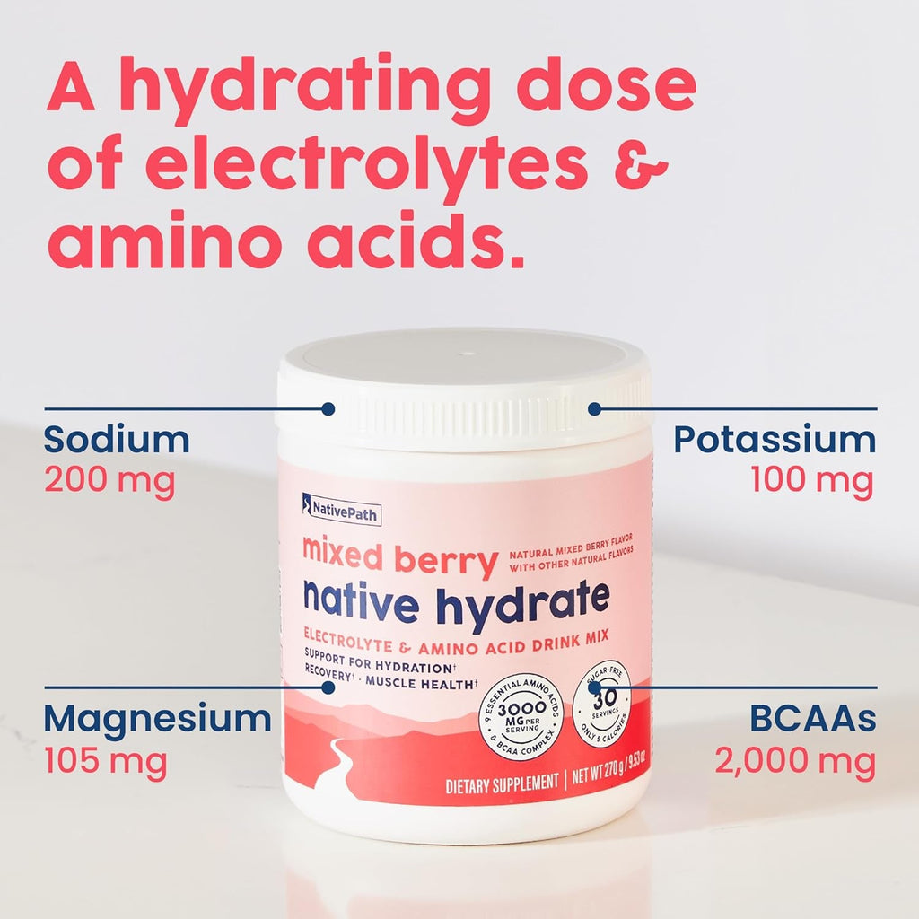 Nativepath Hydrate, Zero Sugar, Electrolytes Powder with Bcaas, Mixed Berry Hydration, Keto & Paleo Friendly, 30 Servings