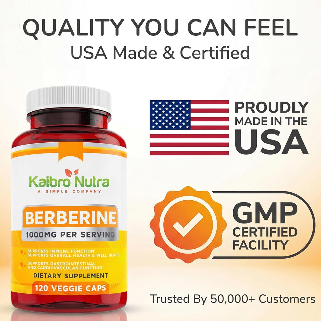 Kaibro Nutra Berberine HCL Supplement 1000Mg - for Immune System, Glucose Support, Circulatory & Gastrointestinal Health, Vegan & Gluten-Free (120 Capsules)