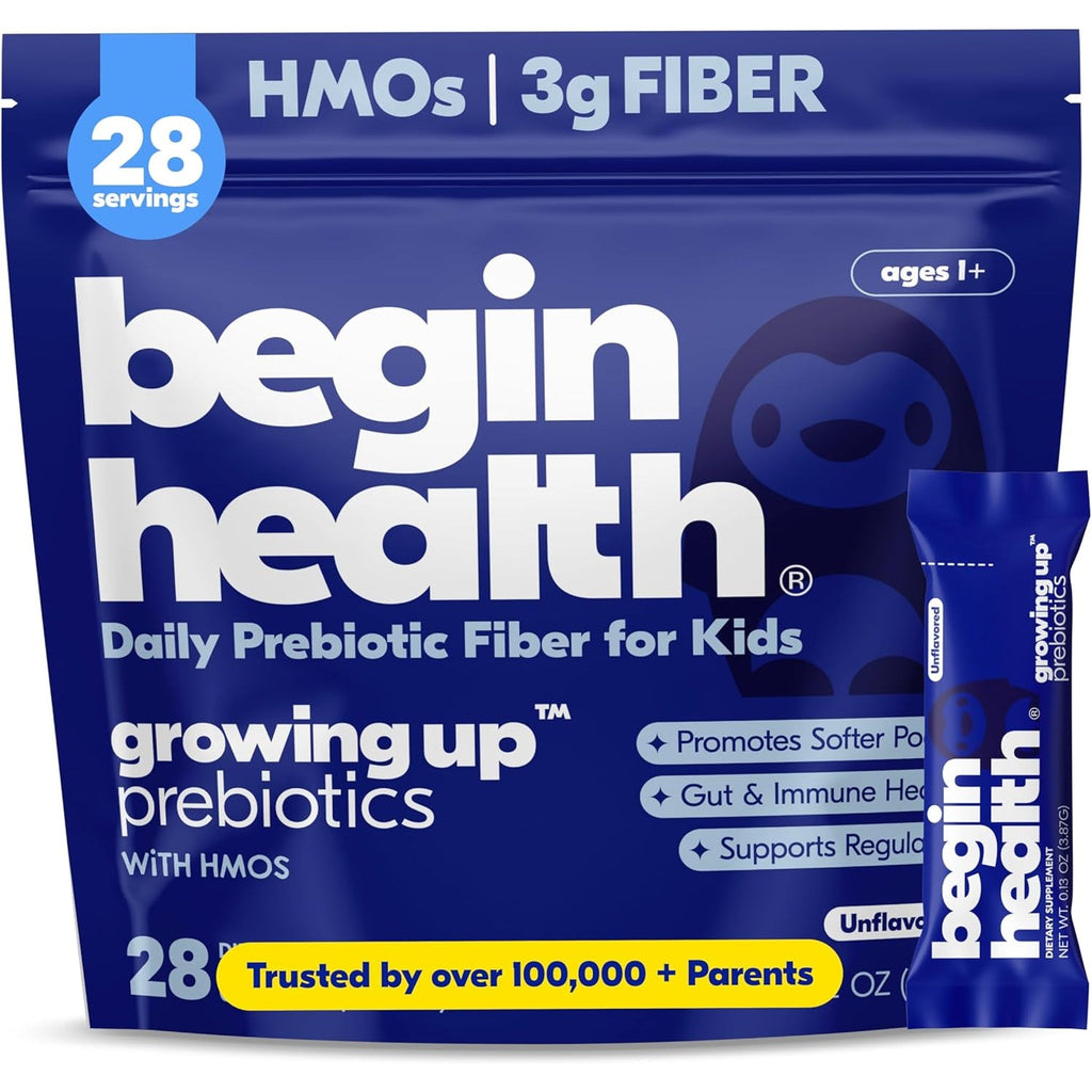 Begin Health Growing Up® Prebiotics for Kids 28-Packs | Prebiotic Soluble Powder Stool Softeners & Digestive Gut Health Supplement | Ideal to Mix with Kids Daily Beverages and Soft Foods - Unflavored