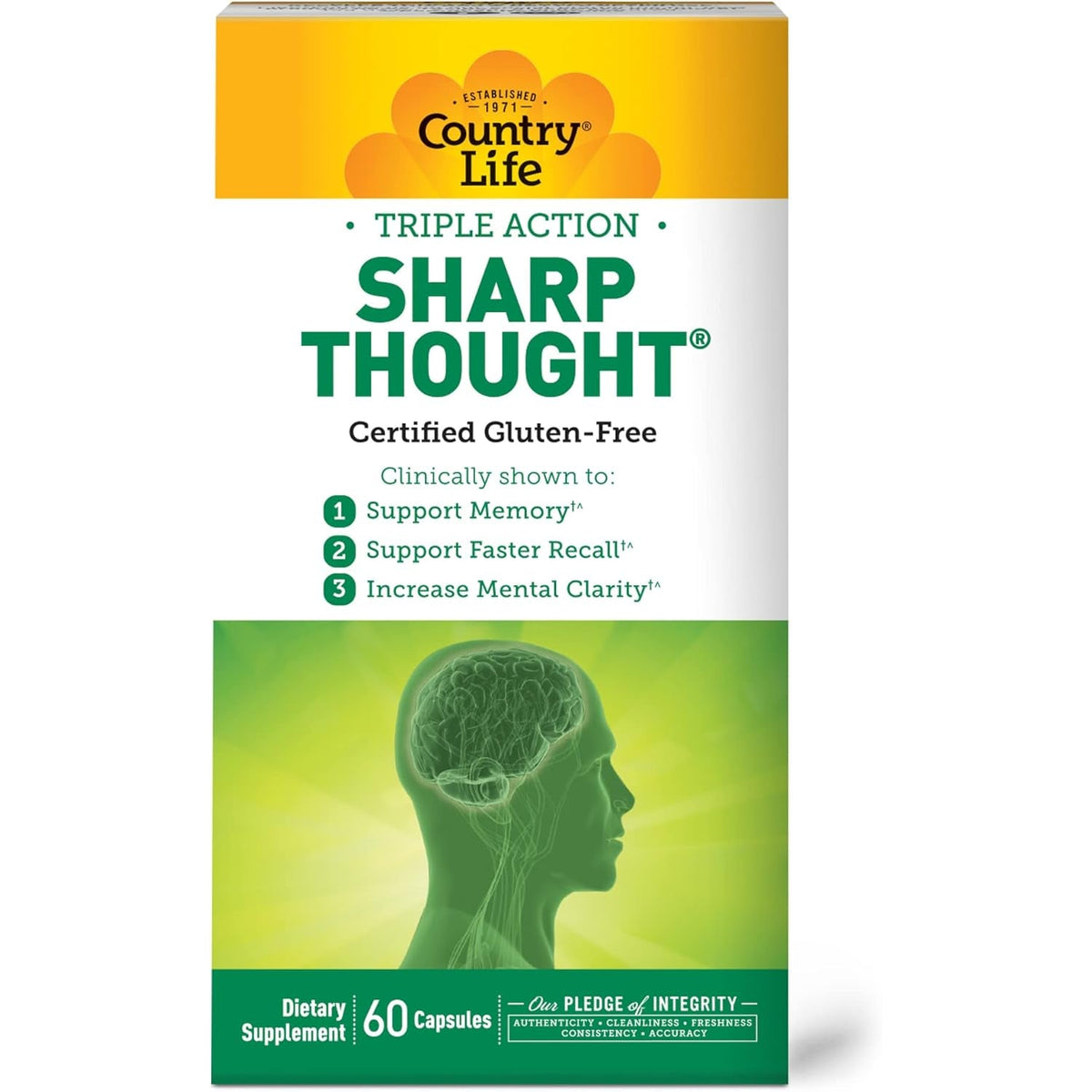 Country Life Sharp Thought - Memory & Cognitive Support Supplement – Sharp-Ps Gold Phosphatidylserine + DHA – Promotes Mental Clarity & Faster Recall – Gluten-Free, 60 Capsules