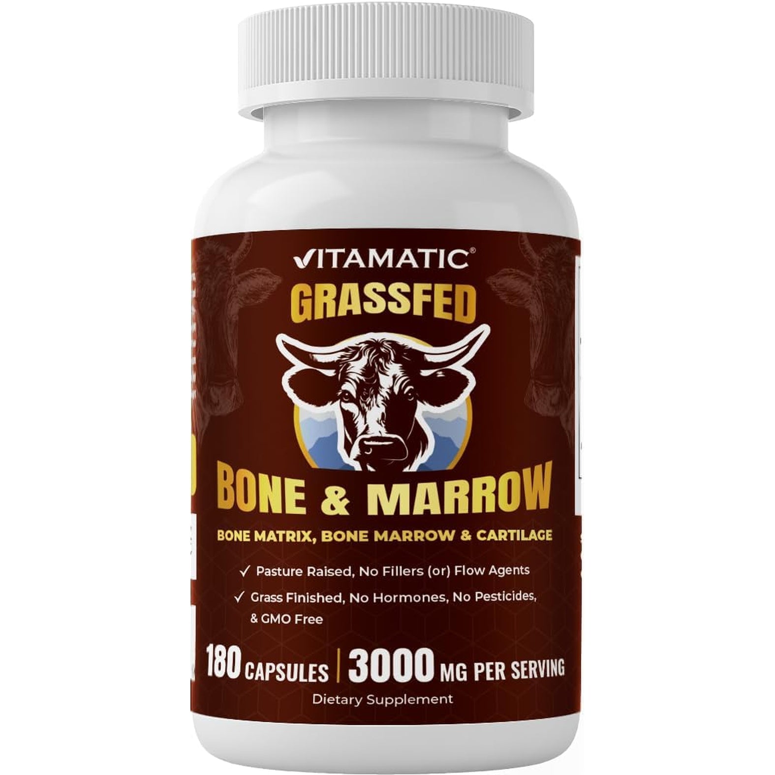 Vitamatic Grass-Fed Beef Bone & Marrow 180 Capsules – Freeze-Dried, Non-Gmo, Bovine Liver Supplement – Pasture-Raised, Glandular-Based Formula