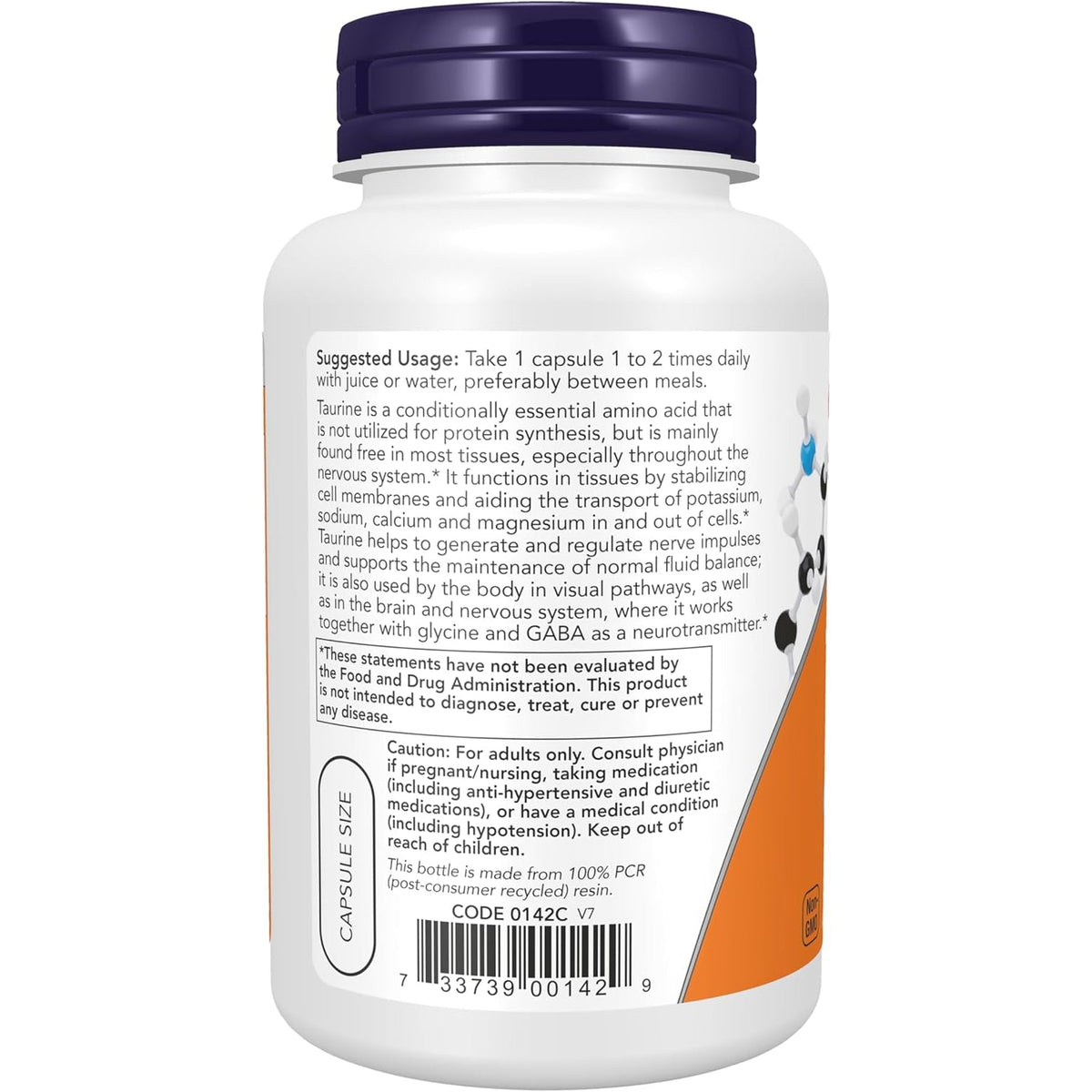 NOW Supplements, Taurine 1,000 Mg, Double Strength, Nervous System Health*, 100 Veg Capsules