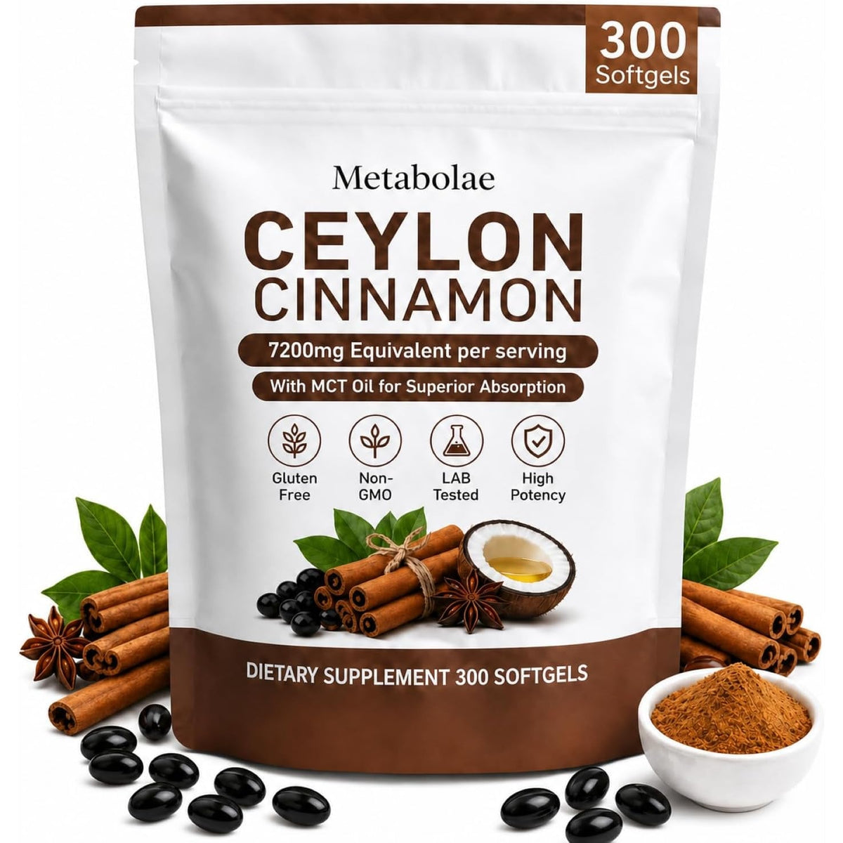 Metabolae Ceylon Cinnamon，7200 Mg Equivalent per Serving, Gluten Free, Non-Gmo, 300 Softgels