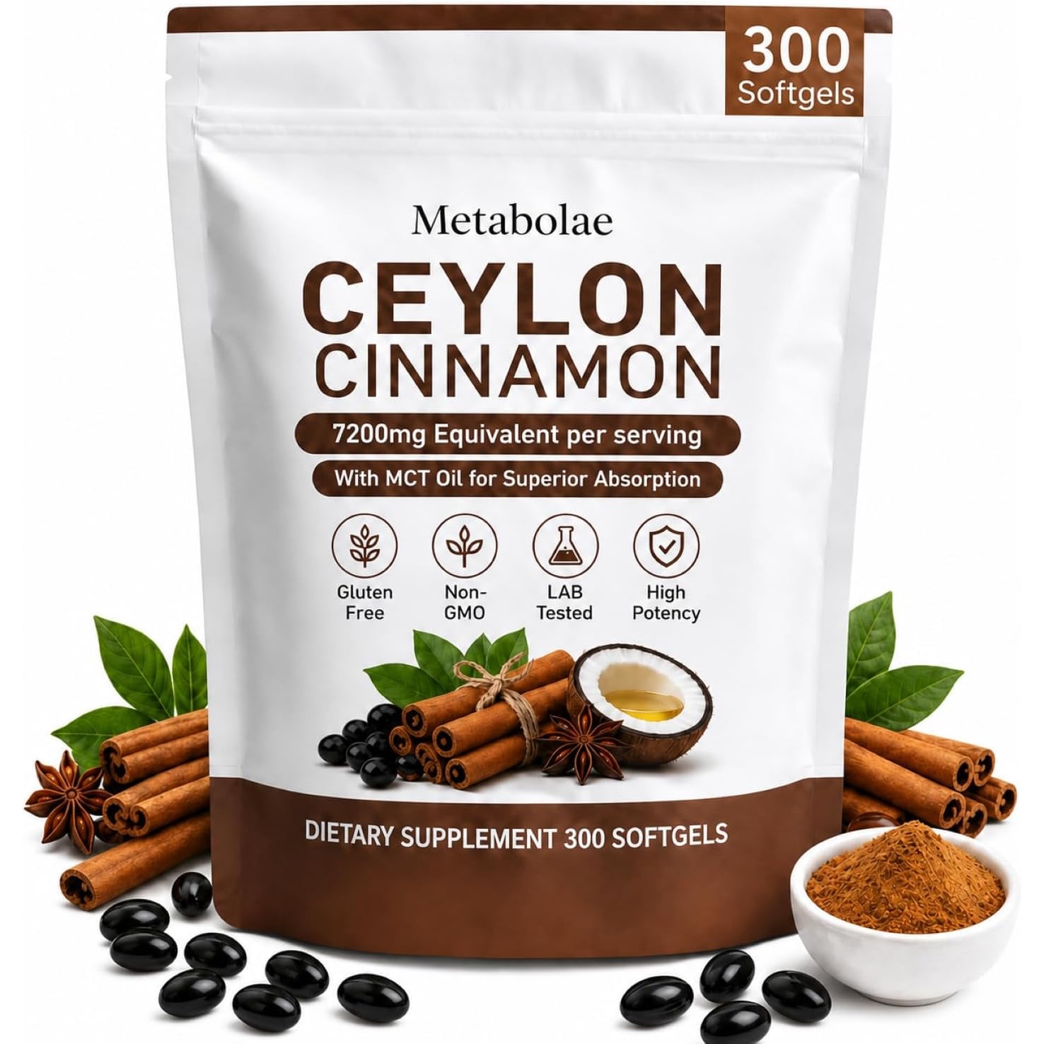 Metabolae Ceylon Cinnamon，7200 Mg Equivalent per Serving, Gluten Free, Non-Gmo, 300 Softgels