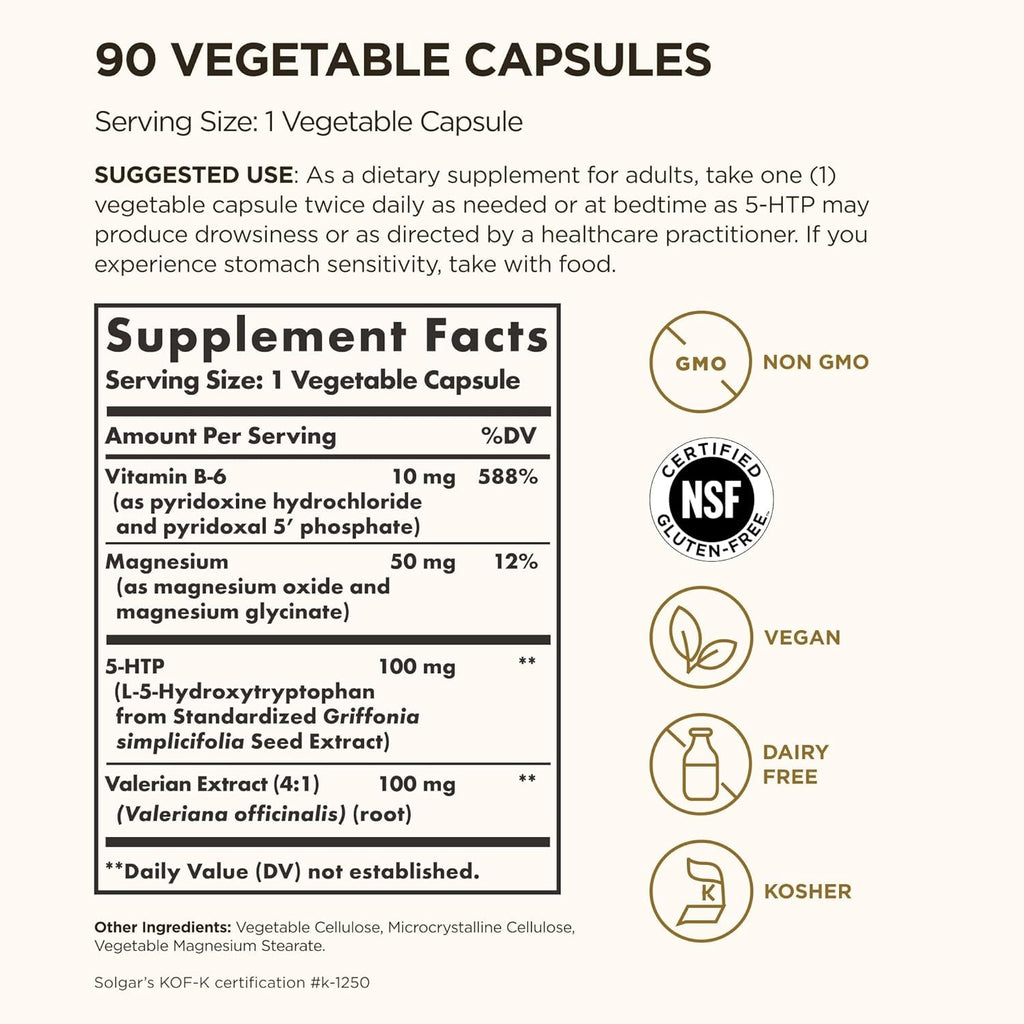 Solgar 5-HTP 100 Mg, 90 Vegetable Capsules - Promotes Relaxation - Positive Mood & Stress Support - Non-Gmo, Vegan, Gluten Free, Dairy Free, Kosher - 90 Servings