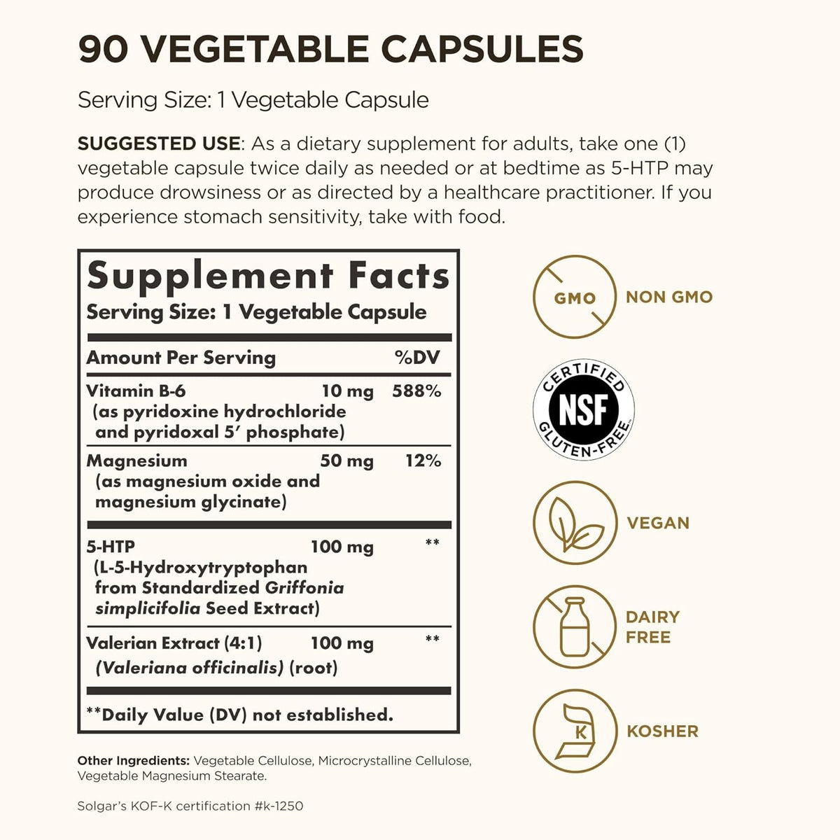Solgar 5-HTP 100 Mg, 90 Vegetable Capsules - Promotes Relaxation - Positive Mood & Stress Support - Non-Gmo, Vegan, Gluten Free, Dairy Free, Kosher - 90 Servings