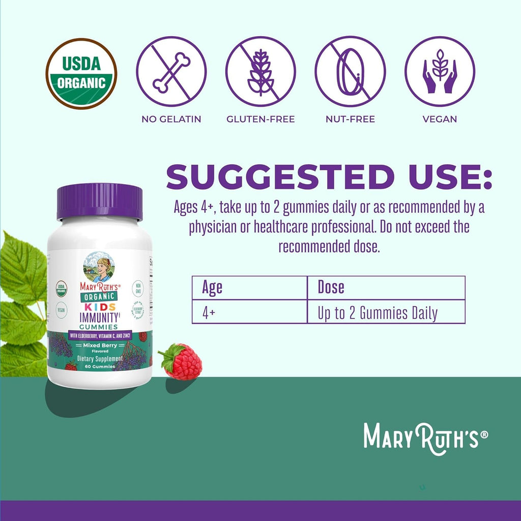 Maryruth Organics Kids Immune Support Gummies | USDA Organic | Vitamin C, Zinc, and Elderberry Gummies for Kids| Immune Support for Ages 4+ | Vegan | Non-Gmo | Gluten Free | 60 Count