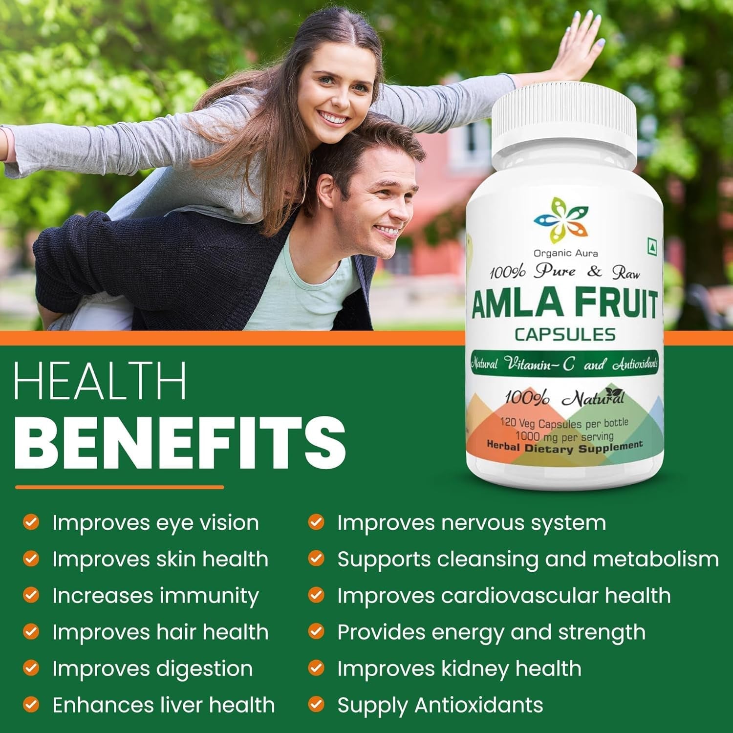 AMLA Capsules. 1000Mg per Serving, 120 Veg Capsules. Raw Green Whole Superfood. All Natural, Fresh and Original. No GMO and Gluten Free.