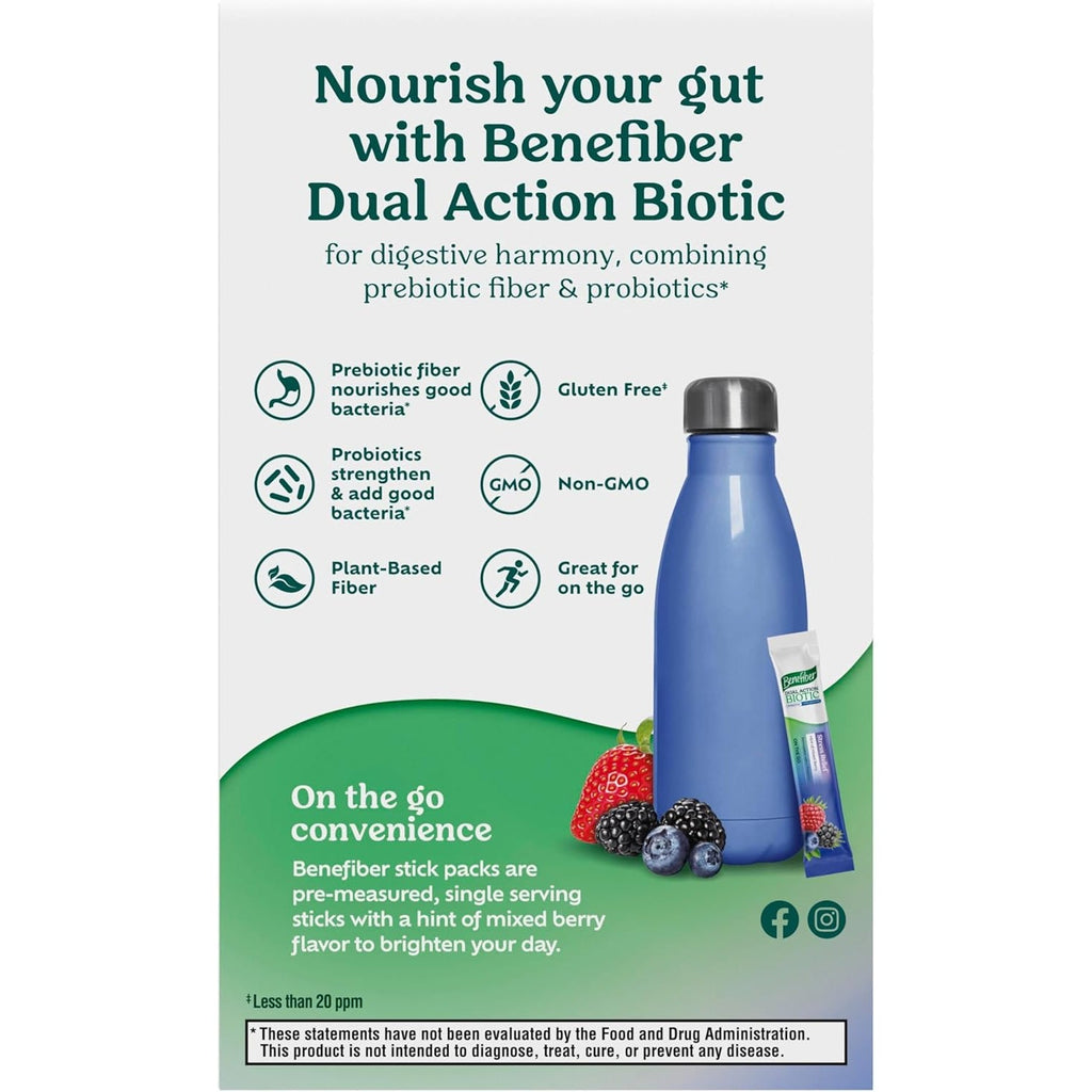 Benefiber Dual Action Biotic plus Stress Relief, 18 Count Stick Packs