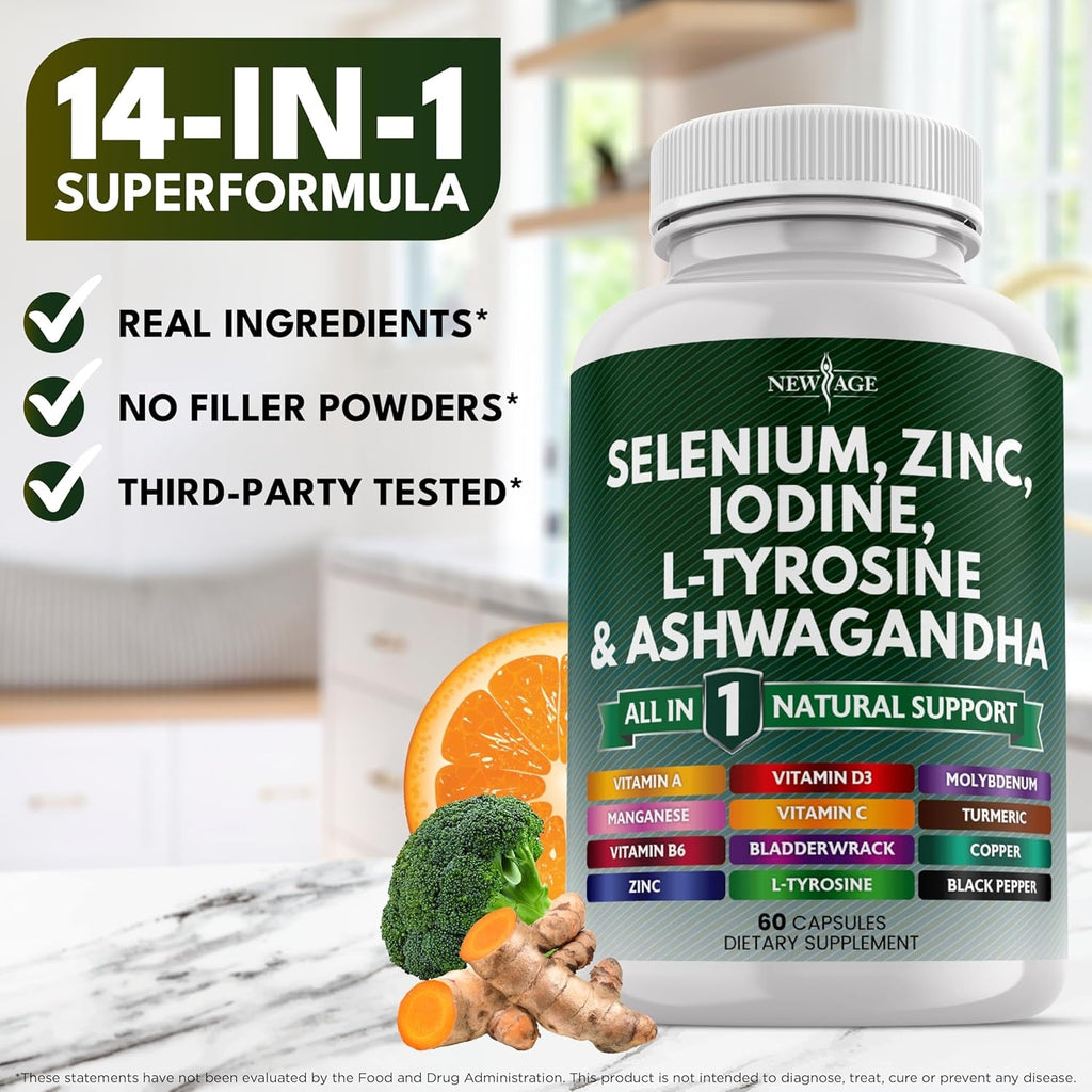 NEW AGE Selenium, Zinc, Iodine, L Tyrosine, Ashwagandha - Supplement for Women and Men with Bladderwrack, Turmeric, Silica Kelp, Schisandra - 120 Count