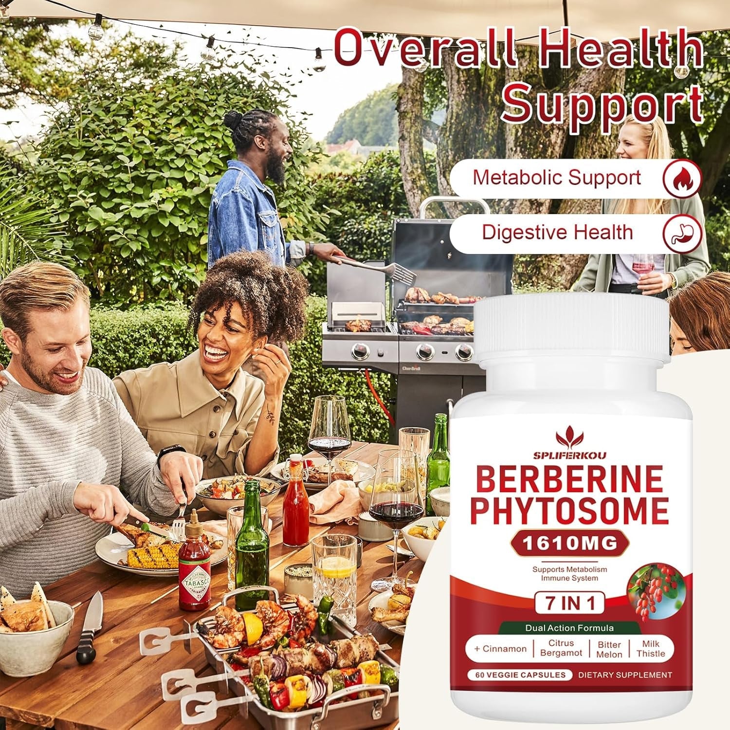 7-In-1 Berberine Phytosome with Ceylon Cinnamon, Berberine Complex Supports Metabolic, Liver Function and Immune System, Non-Gmo - 60 Capsules