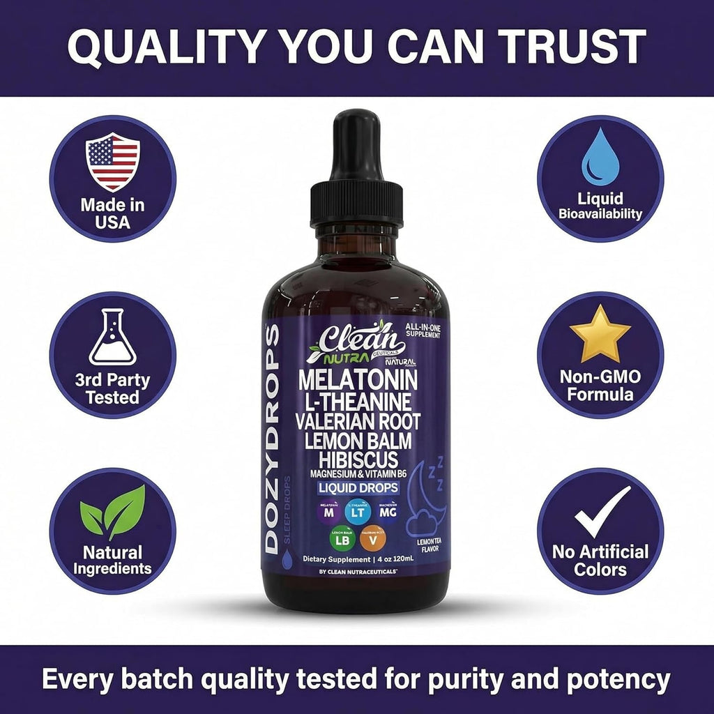 Clean Nutra Melatonin 10Mg Drops Magnesium Vitamin B6 L-Theanine Valerian Hibiscus Lemon Balm Supplement Liquid Sugar-Free Vegan Non-Gmo Natural Sleep Support Aid Lemon Tea Flavor 120Ml Formula