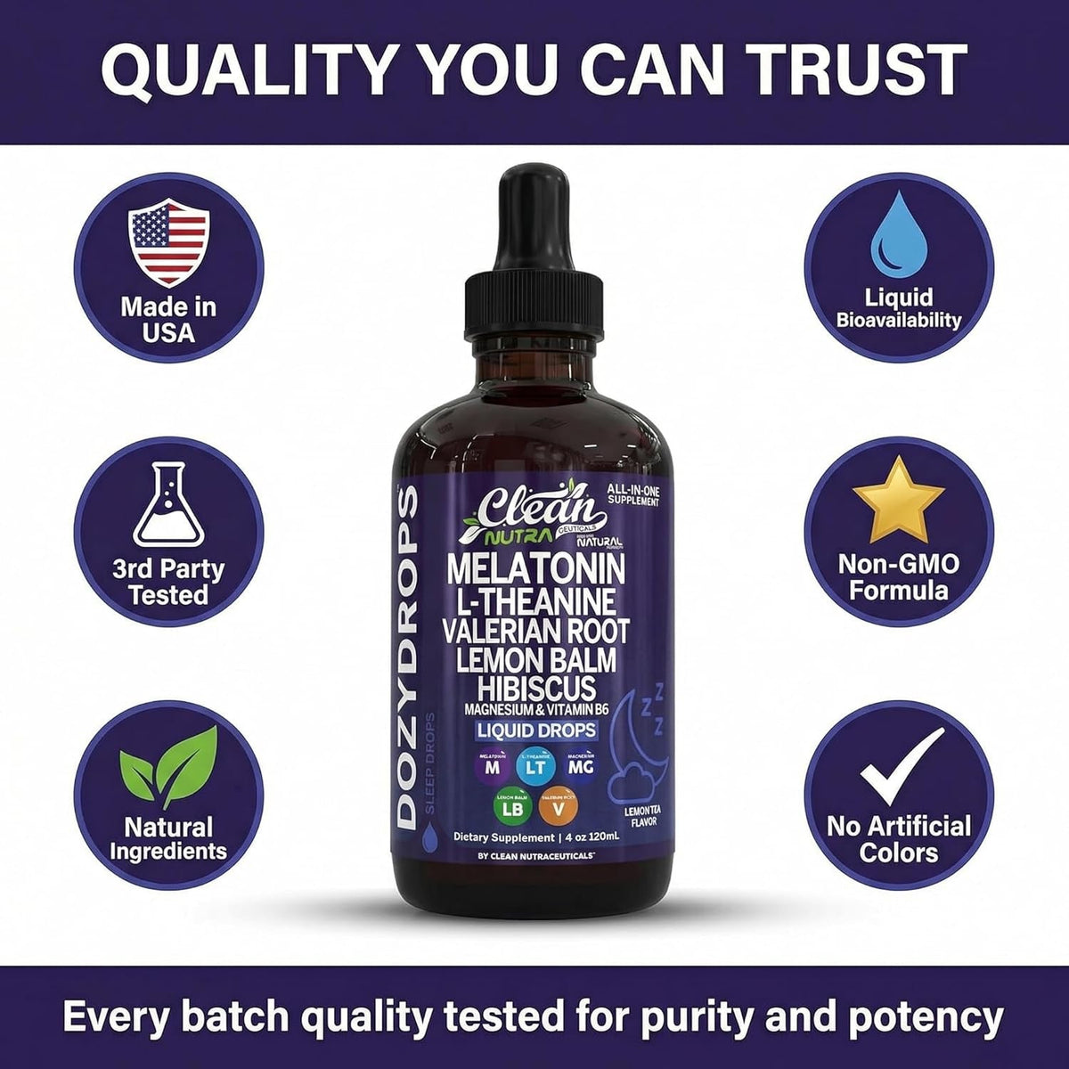 Clean Nutra Melatonin 10Mg Drops Magnesium Vitamin B6 L-Theanine Valerian Hibiscus Lemon Balm Supplement Liquid Sugar-Free Vegan Non-Gmo Natural Sleep Support Aid Lemon Tea Flavor 120Ml Formula