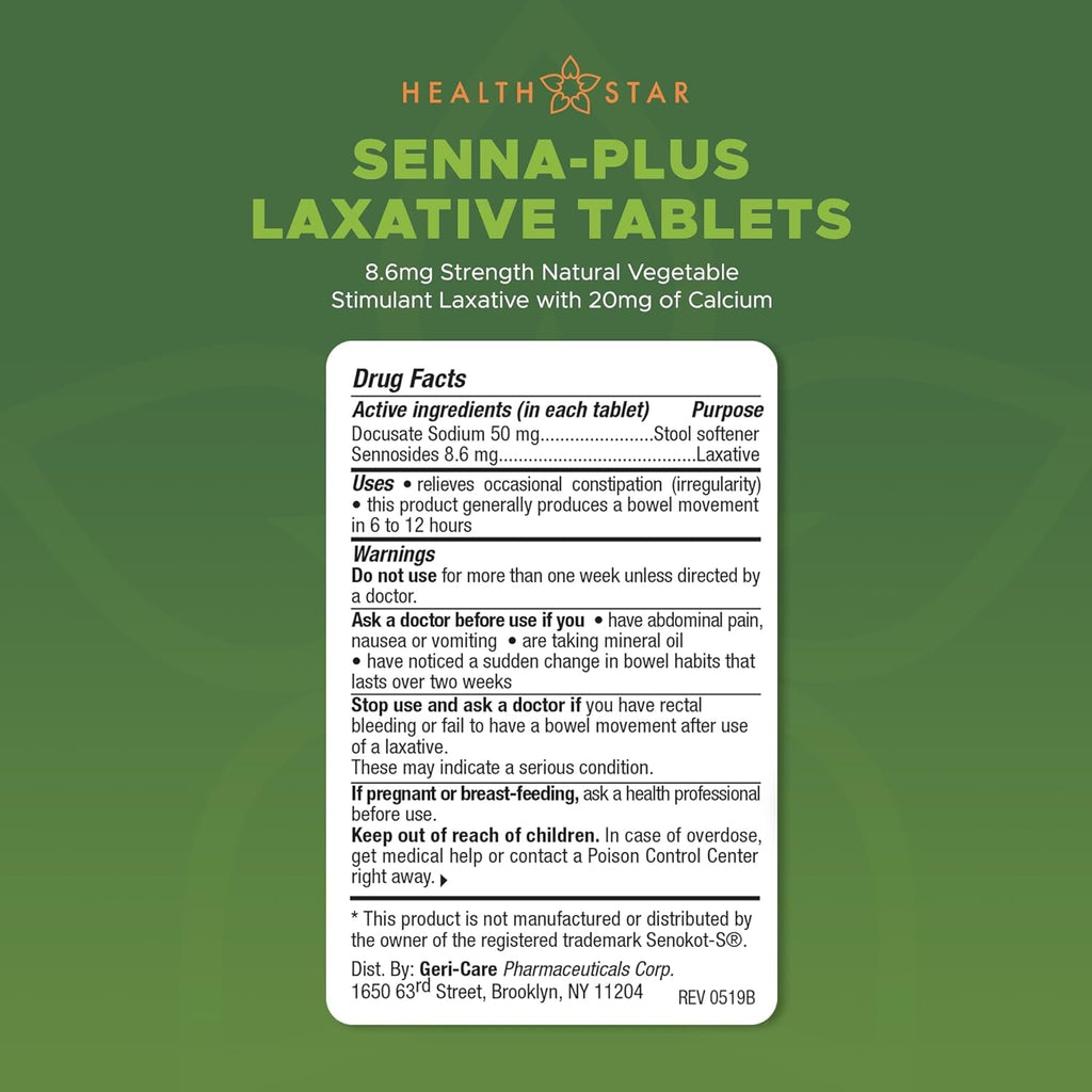 Health Star Senna plus Laxative & Stool Softener Tablets 50Mg / 8.6Mg Strength Natural Vegetable Stimulant Laxative| Gentle Constipation Relief| Docusate Sodium for Bowel Movement (1,000 Tablets