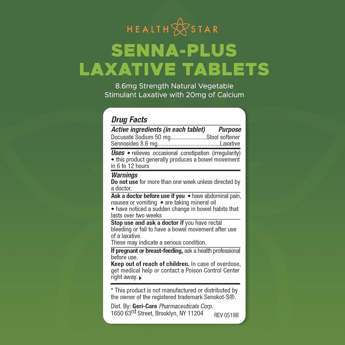 Health Star Senna plus Laxative & Stool Softener Tablets 50Mg / 8.6Mg Strength Natural Vegetable Stimulant Laxative| Gentle Constipation Relief| Docusate Sodium for Bowel Movement (1,000 Tablets