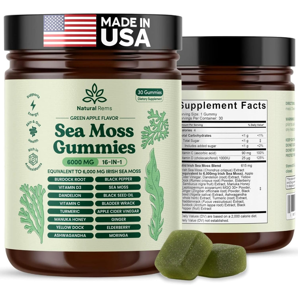 Natural Rems Sea Moss Gummies 16-In-1 - Ashwagandha Black Seed Oil Bladder Wrack Turmeric Vitamin C & D3 with Manuka Burdock Root Dandelion Yellow Dock Elderberry Apple Cider Vinegar (Green Apple)