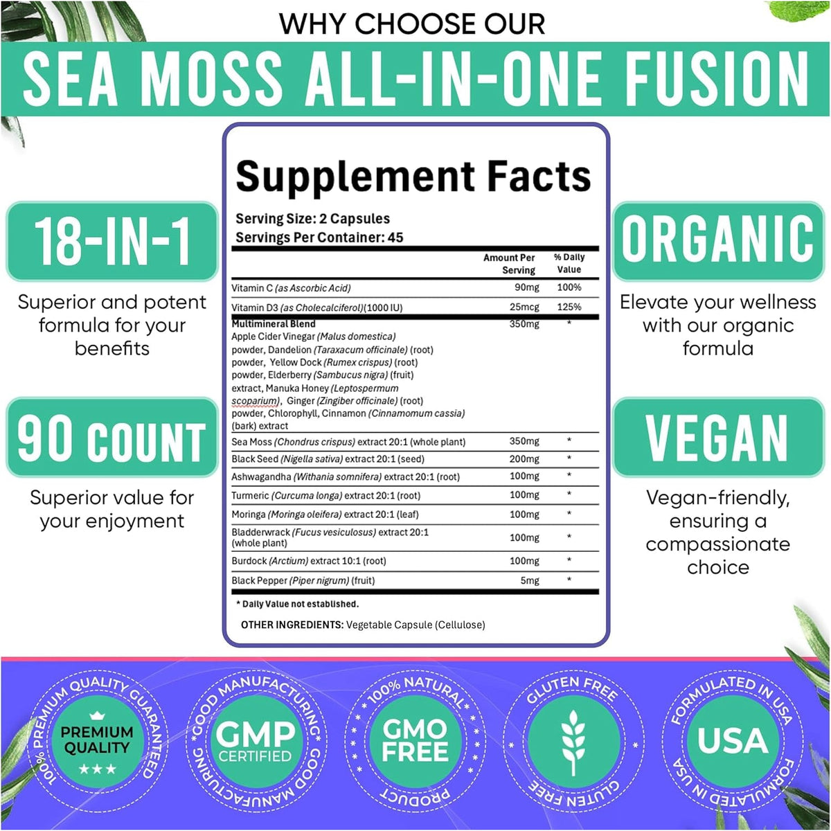 Adndale Sea Moss Capsules - Sea Moss Blend with Ashwagandha, Turmeric & Black Seed Oil - 180 Count