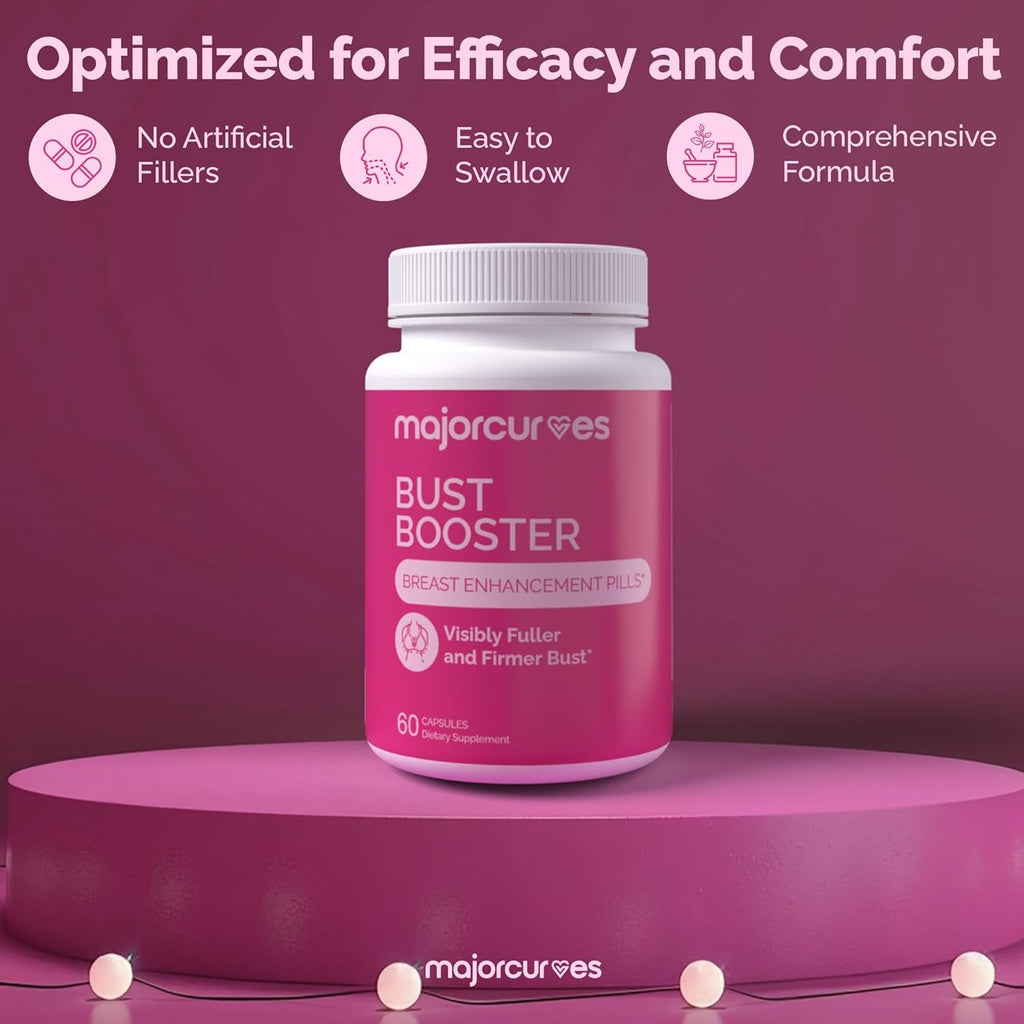 Major Curves Bust Booster Breast Enhancement Pills – Natural Supplement for Breast Growth, Firmness, Fuller Shape, Curvier Bust, Rounder Cleavage, Volume Boost – Made in USA