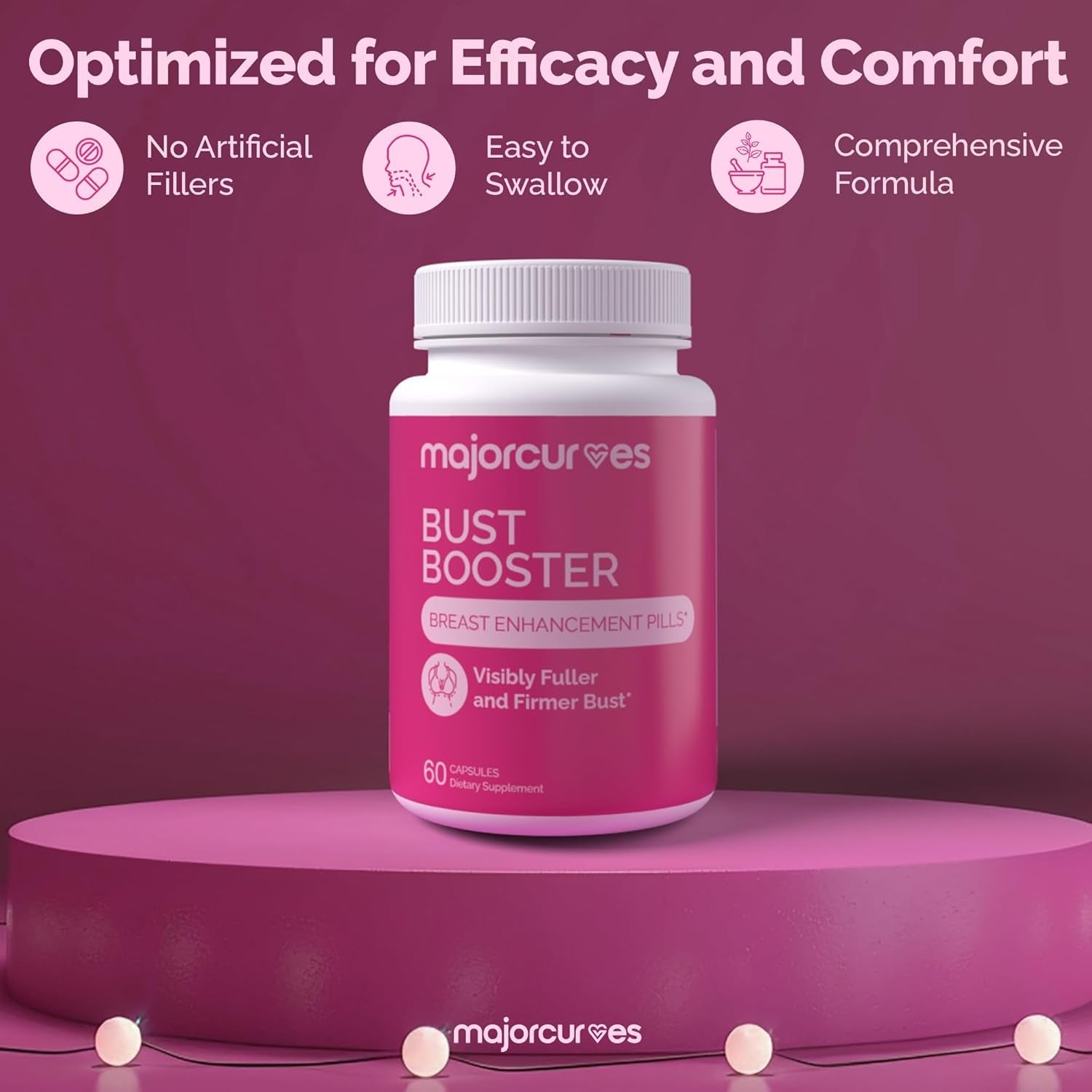 Major Curves Bust Booster Breast Enhancement Pills – Natural Supplement for Breast Growth, Firmness, Fuller Shape, Curvier Bust, Rounder Cleavage, Volume Boost – Made in USA