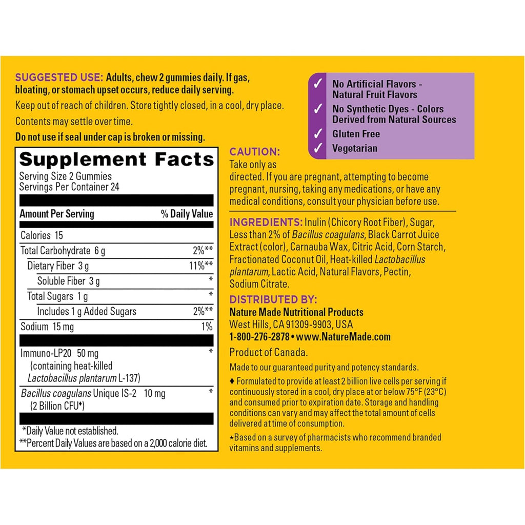 Nature Made Triple-Action Biotics, Gut and Immune Health Support, Digestive Probiotics for Women and Men, Prebiotic Fiber Gummies, 48 Gummies, 24 Day Supply