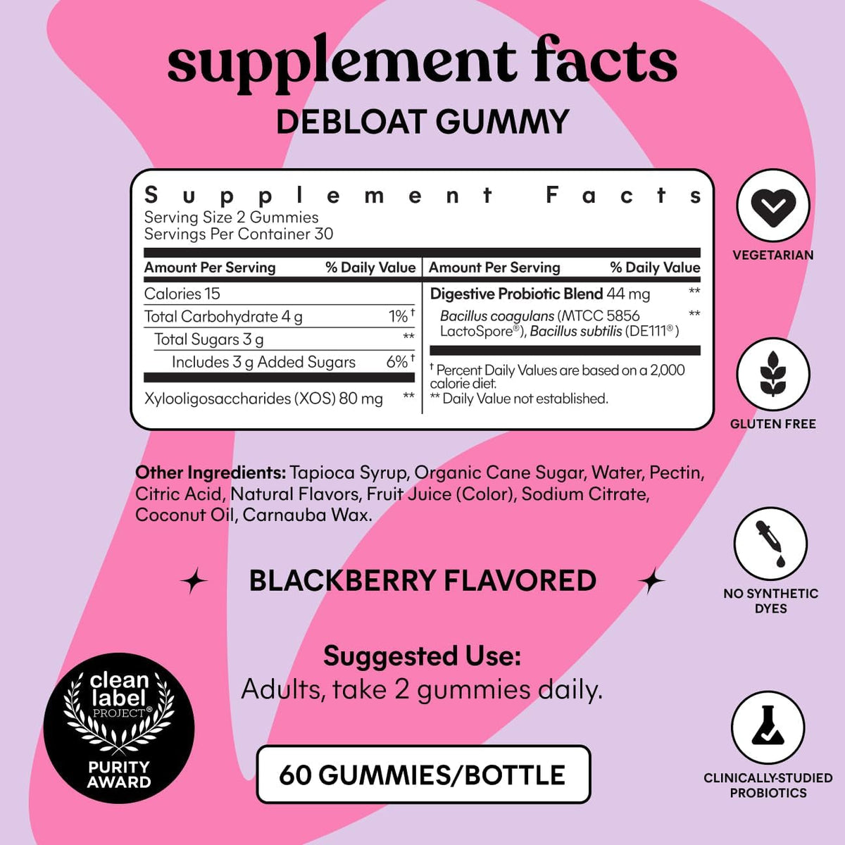 Lemme Debloat - Digestive & Gut Health Gummies with 2 Clinically Studied Probiotics & Prebiotic, Vegetarian, Gluten Free, Non GMO, Blackberry Flavor (60 Count)