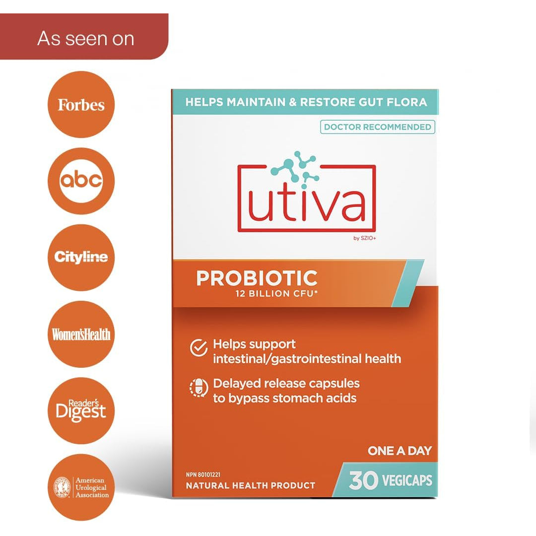 Szio+ Utiva Probiotic – Urinary Tract and Gut Health Supplement – 12 Billion CFU Lactobacillus & Bifidobacterium Probiotic for Men and Women, 30 Delayed Release Vegi Capsules
