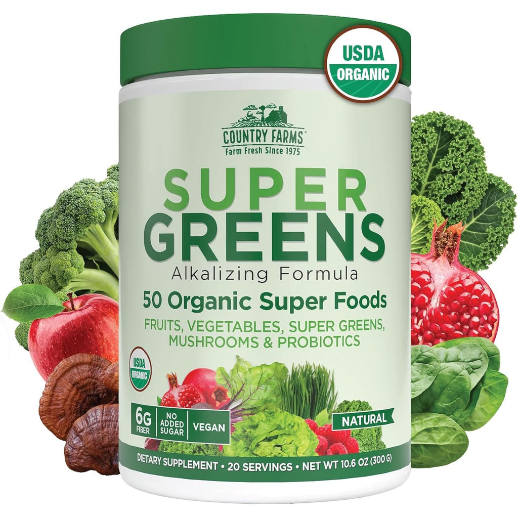 Country Farms Organic Super Greens Powder, 50 Organic Superfoods, Daily Greens Drink Mix with Fruits, Vegetables, Fiber, Probiotics & Mushrooms, Supports Energy, Gut Health & Digestion, Natural Flavor