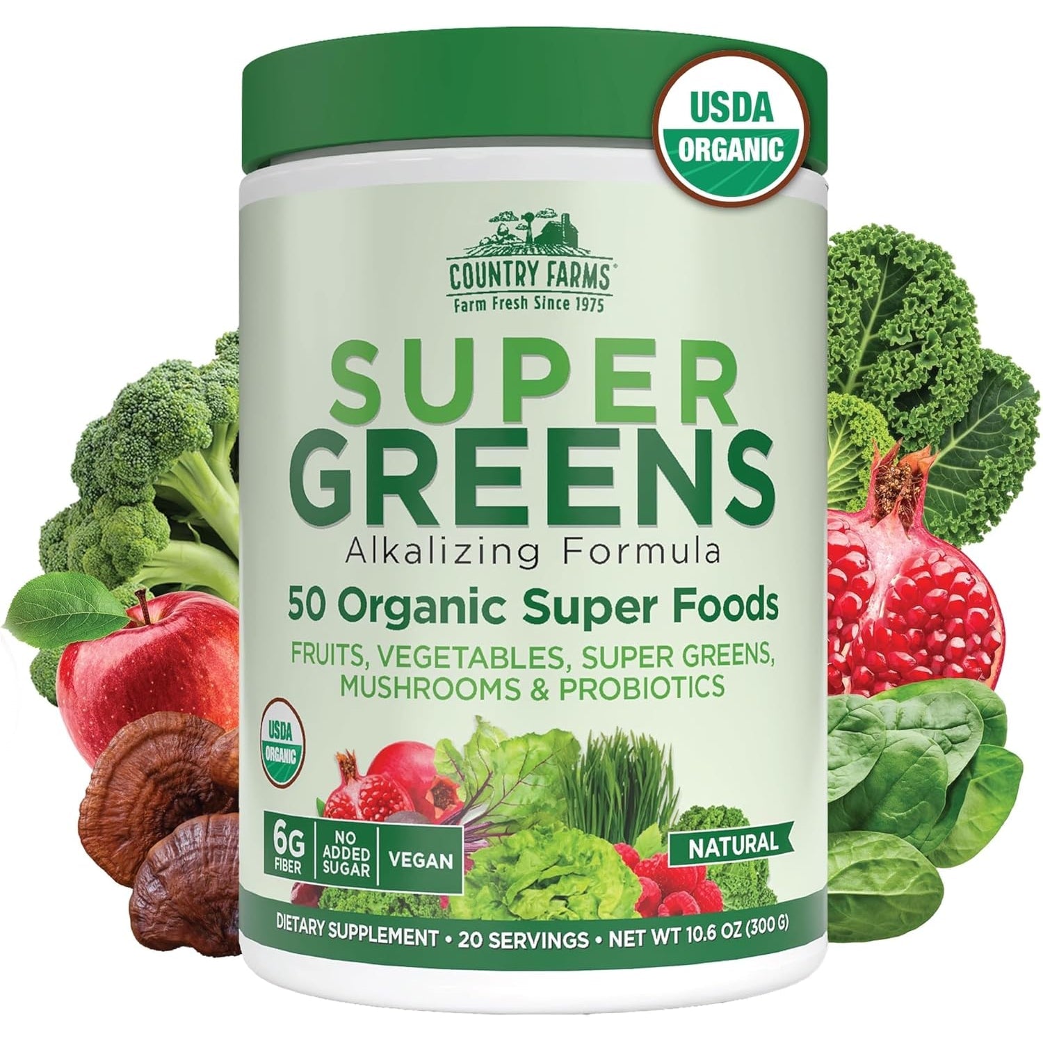 Country Farms Organic Super Greens Powder, 50 Organic Superfoods, Daily Greens Drink Mix with Fruits, Vegetables, Fiber, Probiotics & Mushrooms, Supports Energy, Gut Health & Digestion, Natural Flavor