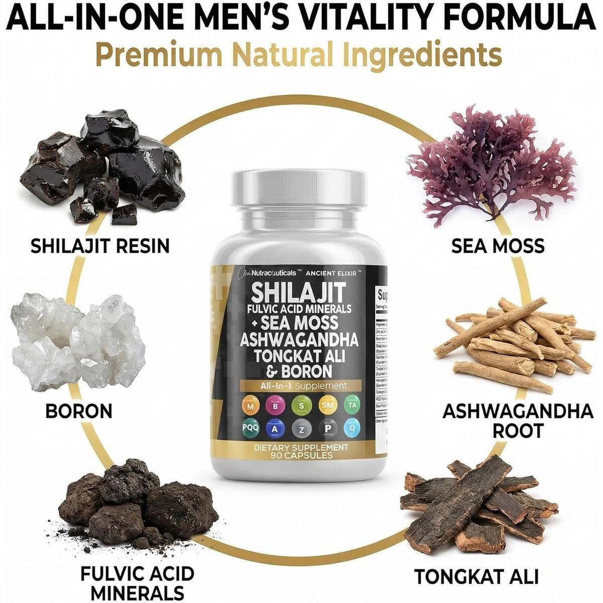 Clean Nutraceuticals Shilajit Supplement for Men with Sea Moss, Tongkat Ali, Ashwagandha, Boron, Zinc, Coq10, PQQ - Fulvic Acid Capsules - Energy Support - 90 Count - Resin, Gummy & Powder Alternative