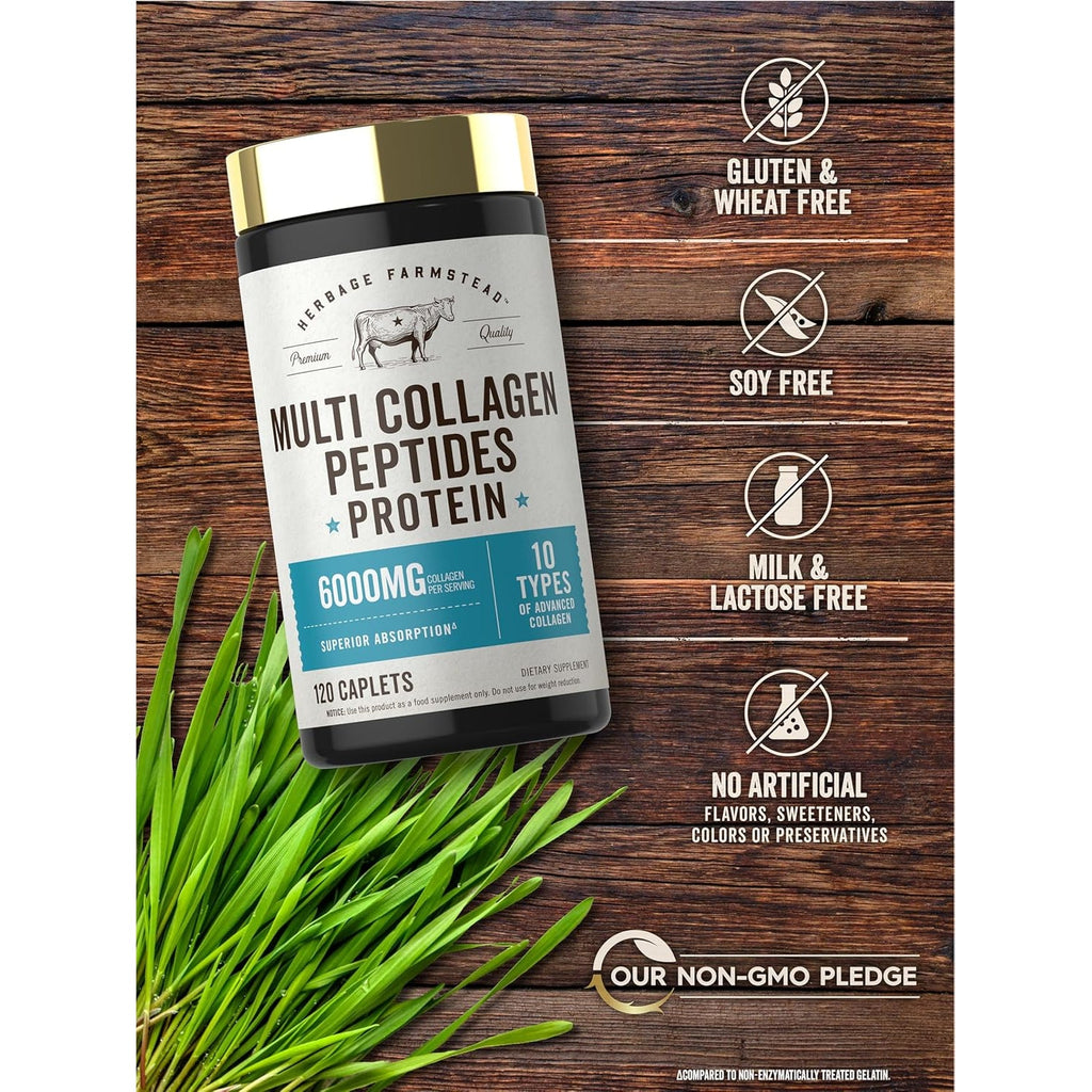 Carlyle Multi Collagen Peptides 6000Mg | 120 Caplets | 10 Types of Advanced Collagen with Protein | Non-Gmo, Gluten Free Supplement | by Herbage Farmstead
