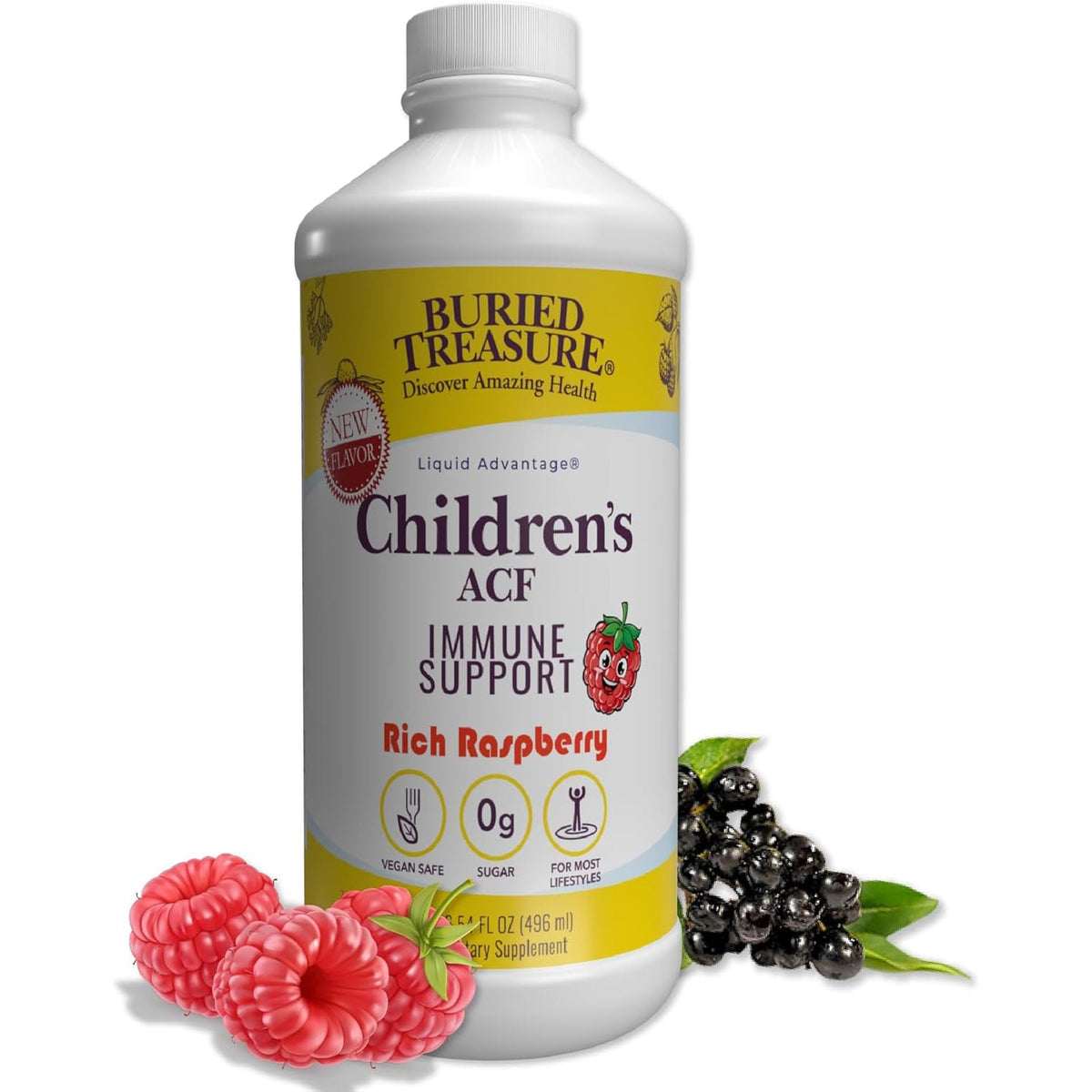 Buried Treasure Children’S ACF Liquid Immune Support for Kids – Elderberry, Echinacea & Botanicals – Raspberry Flavor – 16 Oz – Sugar Free