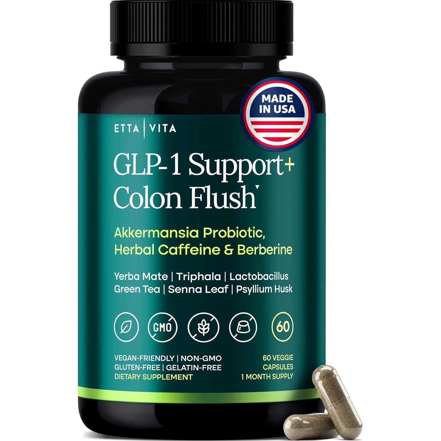GLP-1 Support + Colon Cleanse – Weight Loss, Gut Health & Energy – Appetite Suppressant & Fat Burner – Berberine, Akkermansia Probiotic, Yerba Mate, Psyllium Husk, Senna Leaf – Women & Men, 60Capsules
